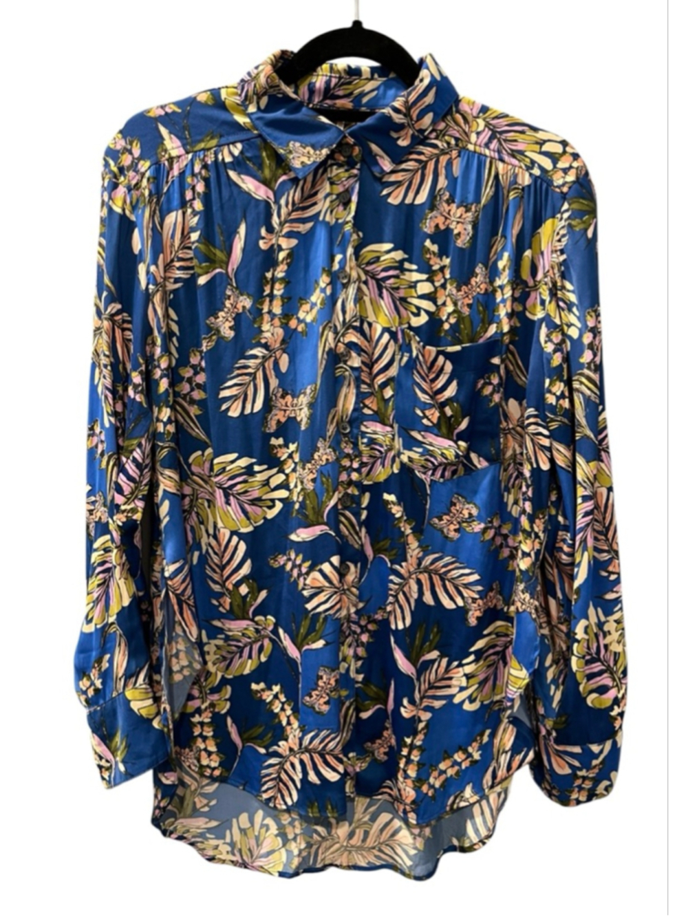 Free People Under The Palms Button Down Floral Blouse Size Small Blue Boho Flowy